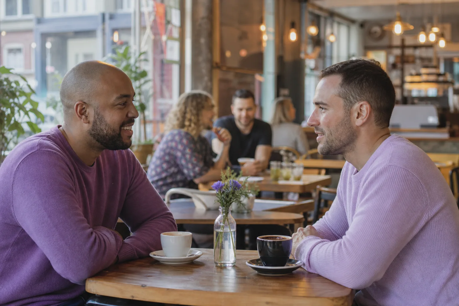 Two men talking over coffee in central Slough