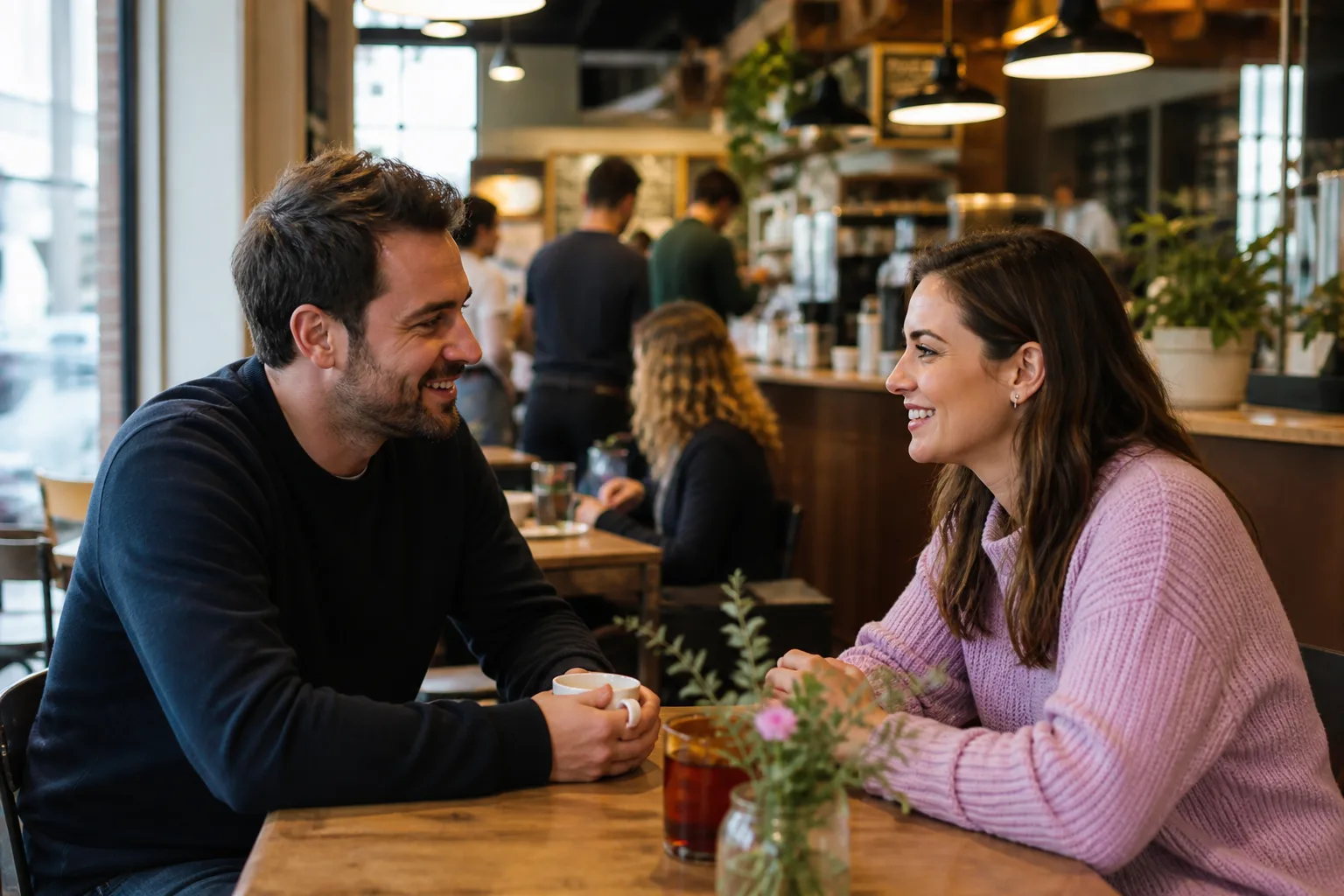 Two people talking over coffee in High Wycombe town centre