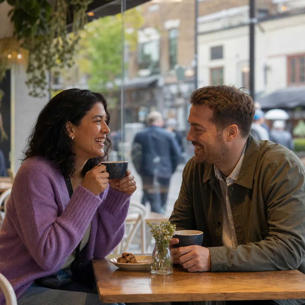 A person checking a local dating profile on a phone in a busy café