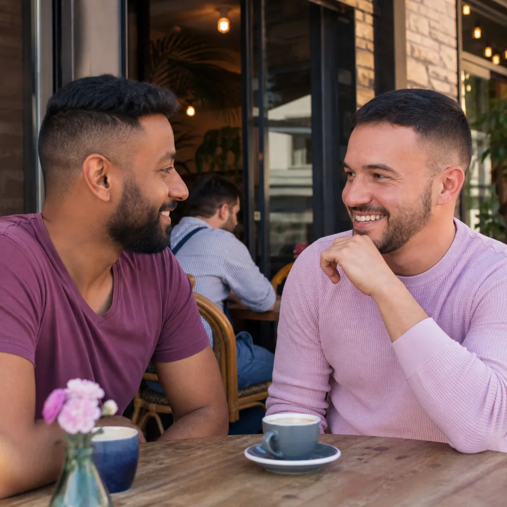 Gay couple checking a local map before meeting in Slough