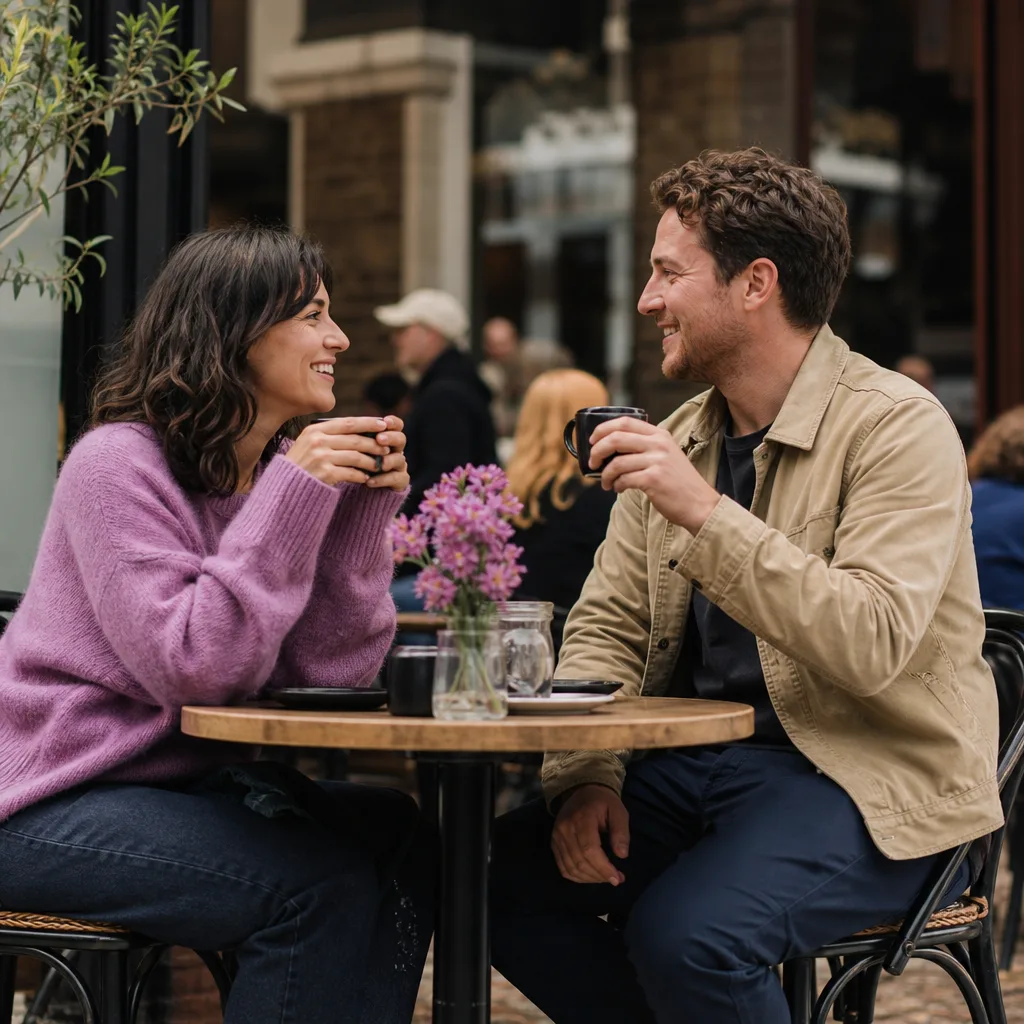 Two people meeting beside a busy café in Beaconsfield