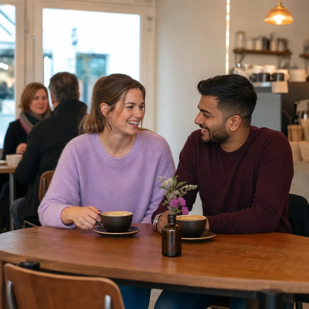 Two adults meeting at a busy Buckinghamshire café during the day