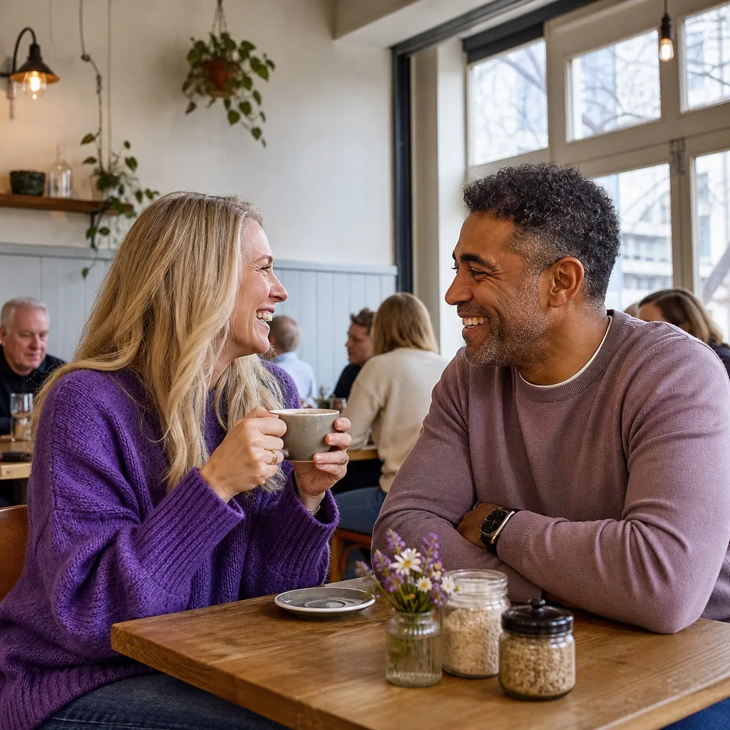Two adults meeting in daylight outside a busy Buckinghamshire cafe