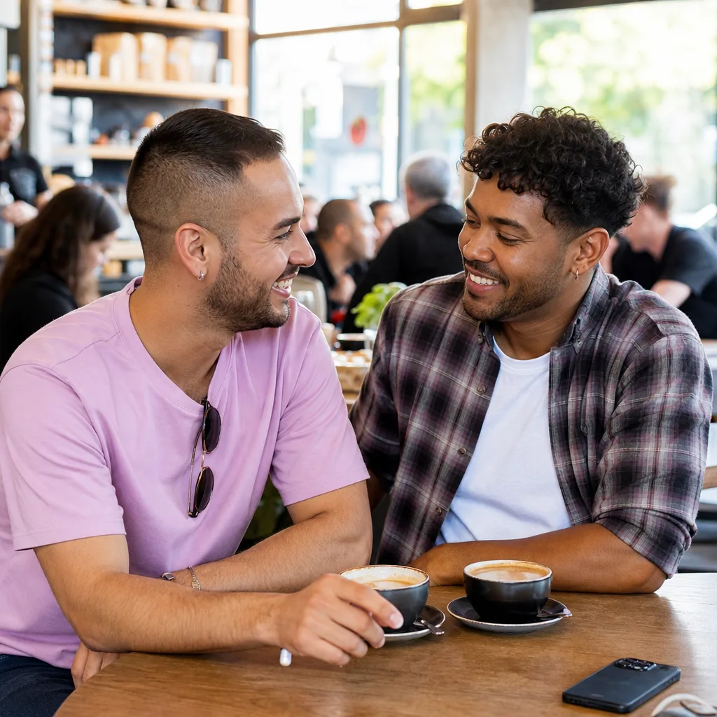 Two men meeting in a bright public café near Slough station