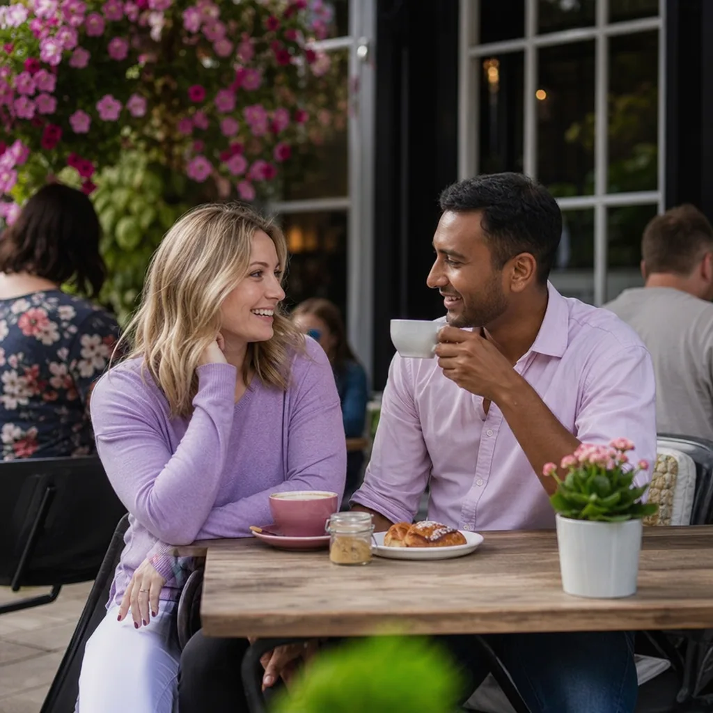 Two adults meeting for a relaxed daytime walk in High Wycombe